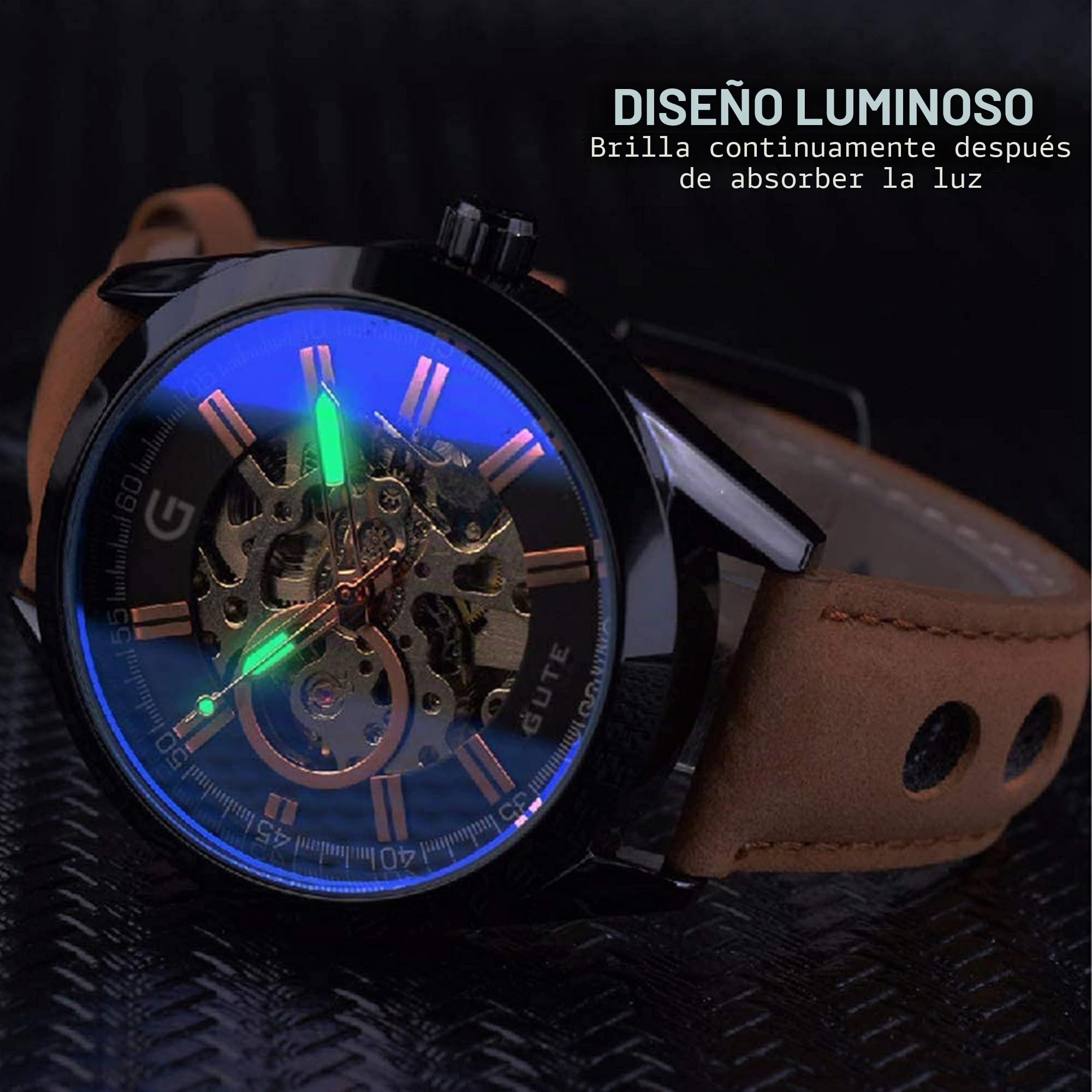 Gute Reloj automático para hombre, reloj de pulsera mecánico automático de esqueleto, analógico, casual, deportivo, reloj de cuero marrón