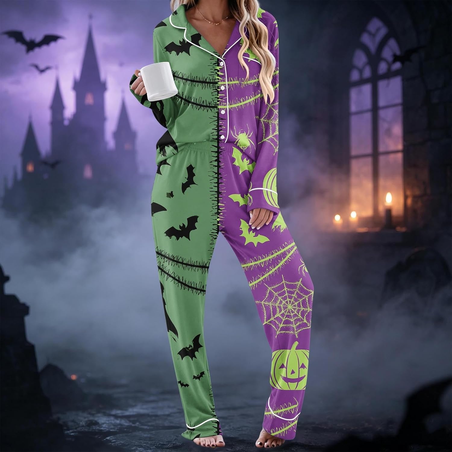 Womens Halloween Printed 2 Piece Pajama Set Long Sleeve Sleepwear