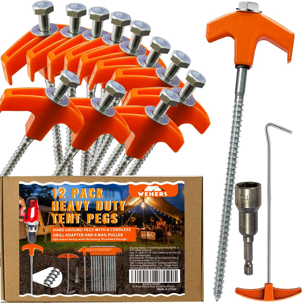 Heavy Duty Metal Tent Pegs, 12 Pack 8-Inch Ground Pegs Camping Pegs with Drill Adapter & Nail Puller Ideal for Camping, Hiking,Traveling, Beach and Outdoor