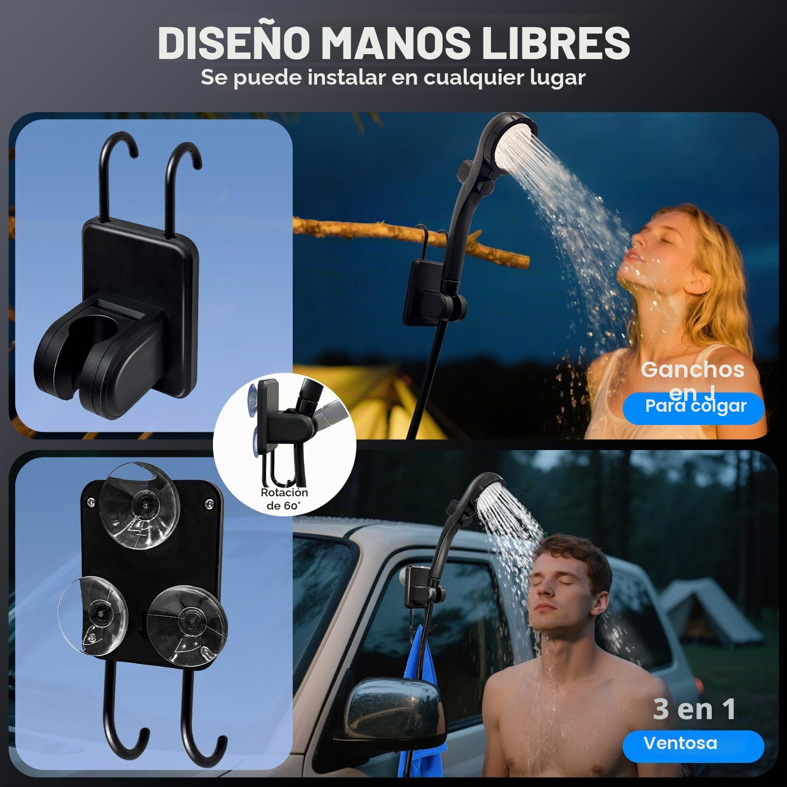 Ducha portátil con calentador, ducha portátil recargable de 6000 mAh para campamento con calentador de apagado automático de 2000 W, 4 modos de pulverización, pantalla LED, bomba de ducha portátil