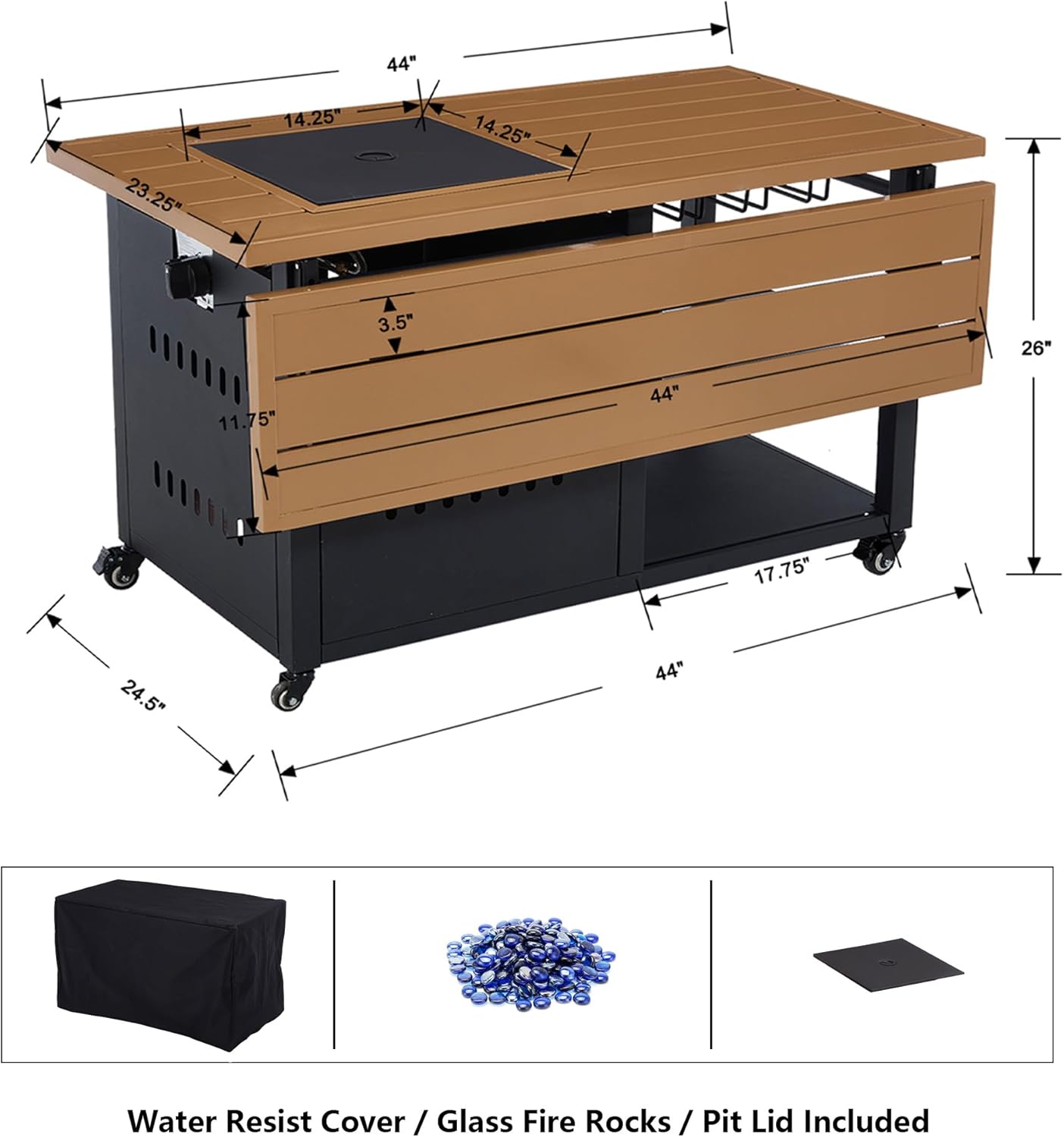 44" Propane Fire Pit, Gas Fire Pits for Outside Patio with Cover, Moveable Outdoor Storage Cabinet with Handle/Wine Guard, BBQ Grill Cart for Patio with Extendable Tabletop for Deck, Black