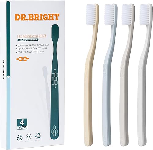 DR.BRIGHT Cepillo de dientes ecológico natural, cepillo de dientes biodegradable, cepillos de dientes reciclables, verde y compostable, embalaje