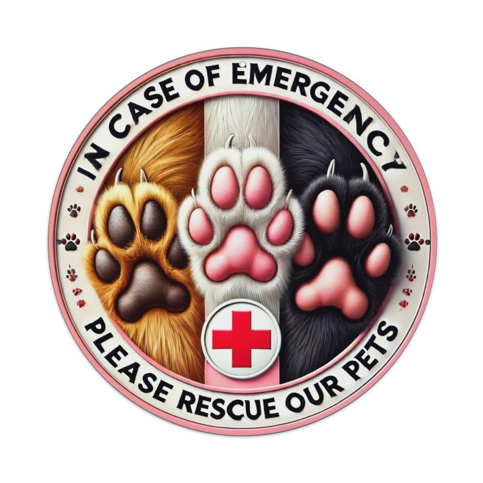 Paw Prints Emergency Rescue Pets Sign Vintage Round Tin Sign Retro Metal Wall Decor Metal Poster, Home Bar Garage Cafe Wall Art Decoration 8x8Inches