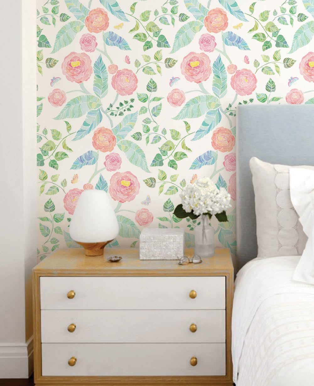 Simple Shapes Spring Garden Flowers Pink Wallpaper - 2 ft x 9 ft - 6pk