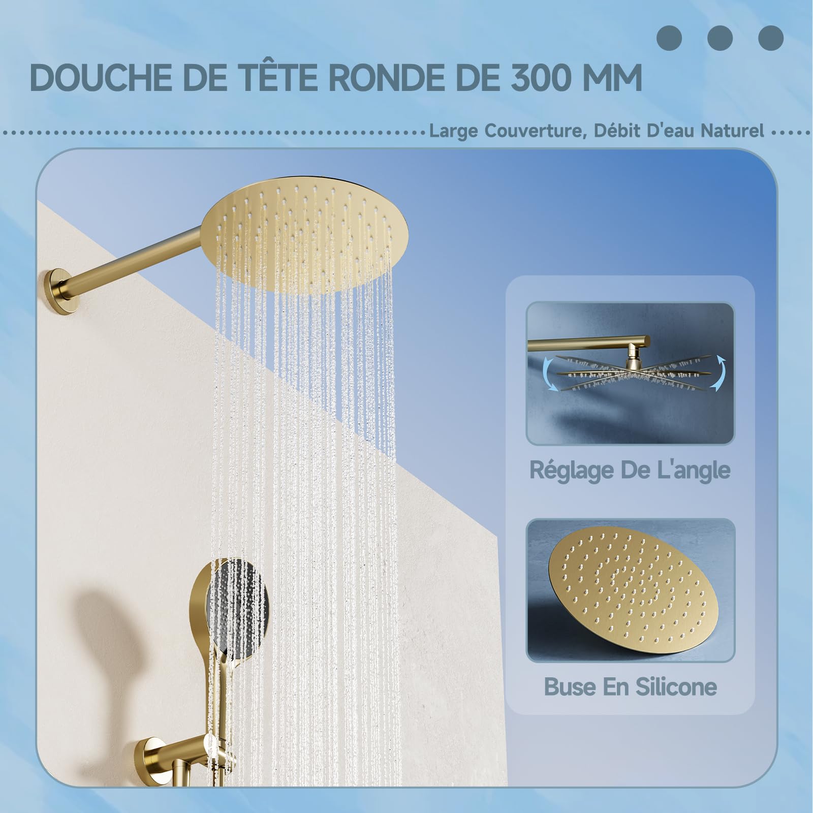 Colonne de douche,Système de douche avec pomme de douche à effet pluie 30x30cm,Ensemble d'accessoires de douche encastrés en or brossé,Pommeau de douche à effet pluie réglable à 360°,Buse anticalcaire
