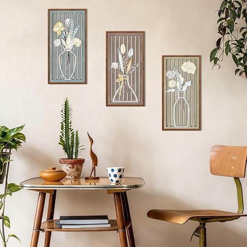 Miniatura 7 de BINCUE 3 piezas de decoración de pared de mercado de flores bohemias, botánica, moderna, arte de pared de madera, bohemio, floral, decoración