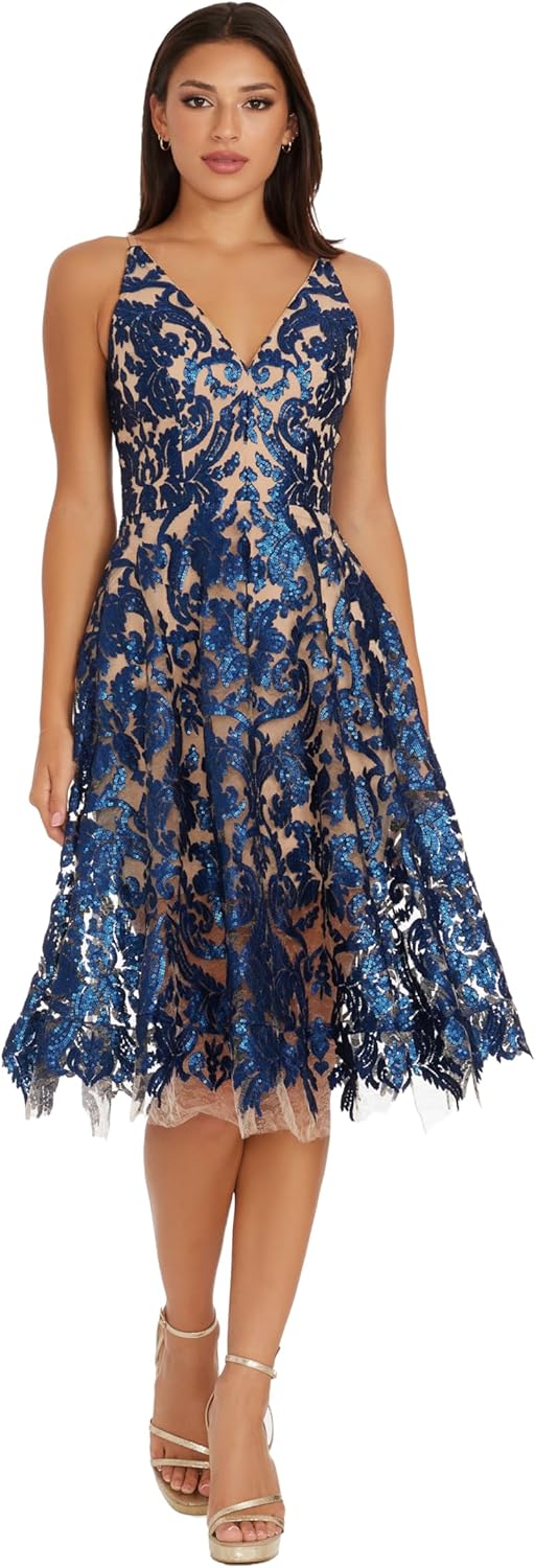 Dress The Population Womens Blair Plunging Fit and Flare Midi Dress