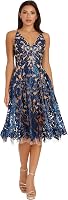 Dress The Population Women's Blair Plunging V-Neck Fit and Flare Midi Dress with Sequin Lace Embroidery