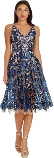 Dress The Population Women's Blair Plunging V-Neck Fit and Flare Midi Dress with Sequin Lace Embroidery