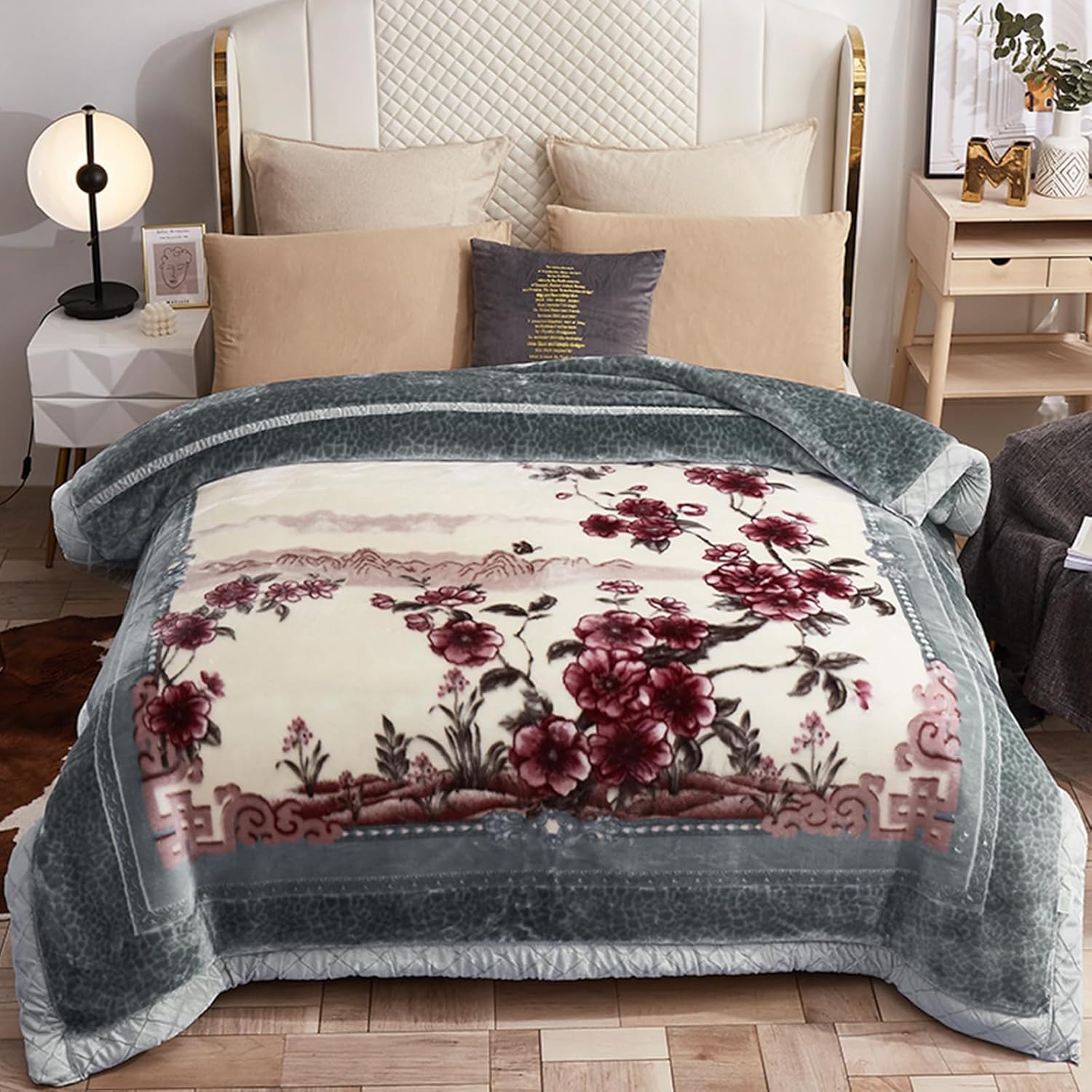 Heavy Korean Mink Blanket, 9.9 lbs Moutain Flower Queen Thick Winter Blanket 78x90 in Plush Double-Layer Soft Warm Blankets for Bed (Charred Timber+Cream)