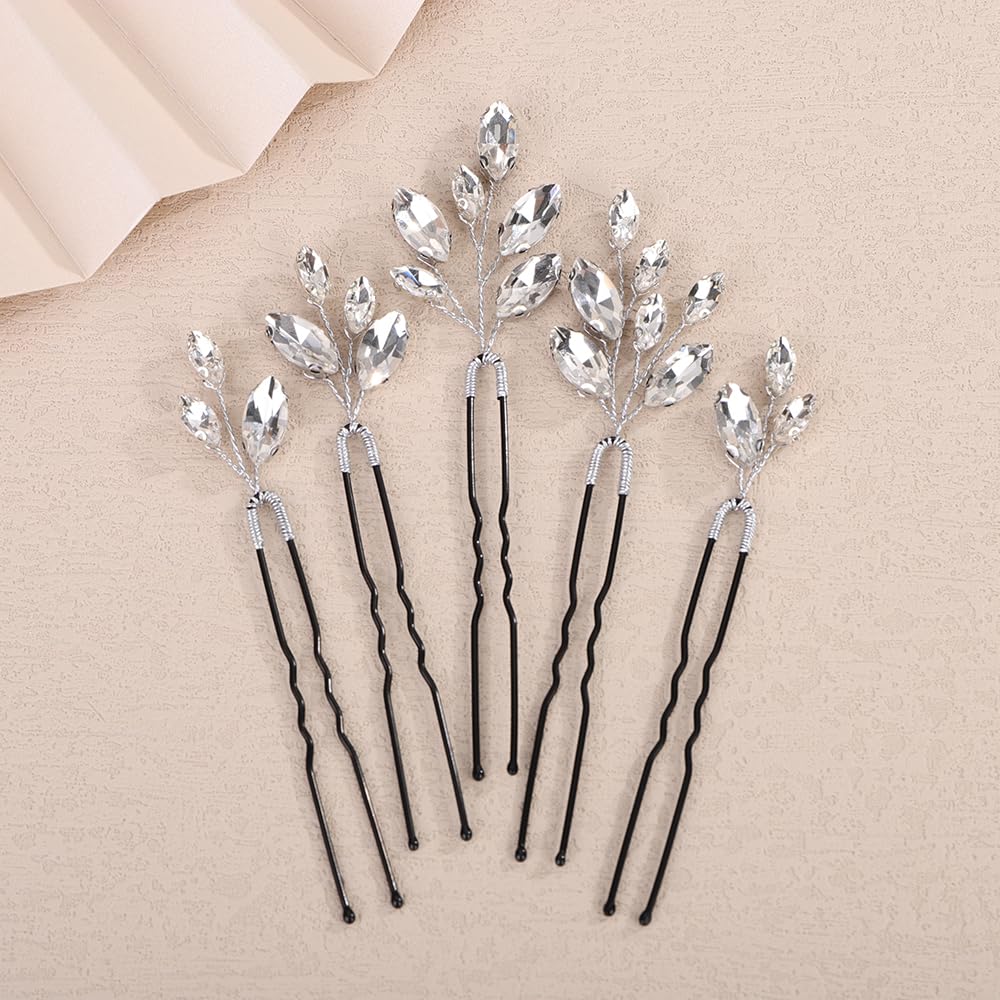 Teyglen 5pcs Champagne Crystal Hair Pins with Rhinestone Wedding Hair Pins Clips Bridal Party Prom Hair Accessories for Women Hair Jewelry Wedding Headpiece (Champagne)