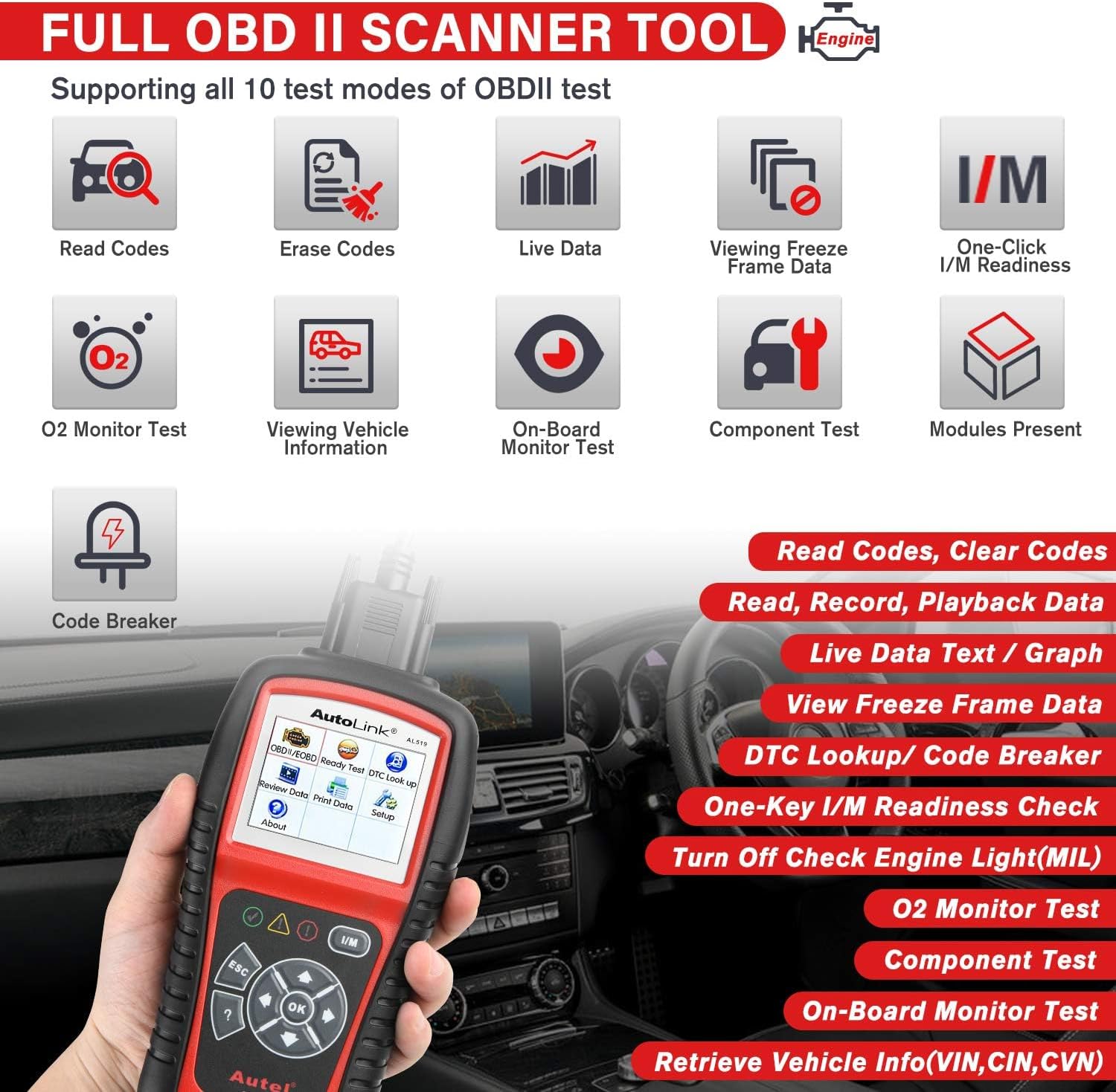 Autel AutoLink AL519 Car OBD2 Scanner, Classic Enhanced Mode 6 Engine Fault Code Reader OBDII CAN Diagnostic Scan Tool, One-Click Smog Check, DTC Lookup, Upgraded of AL319, Lifetime Free Update