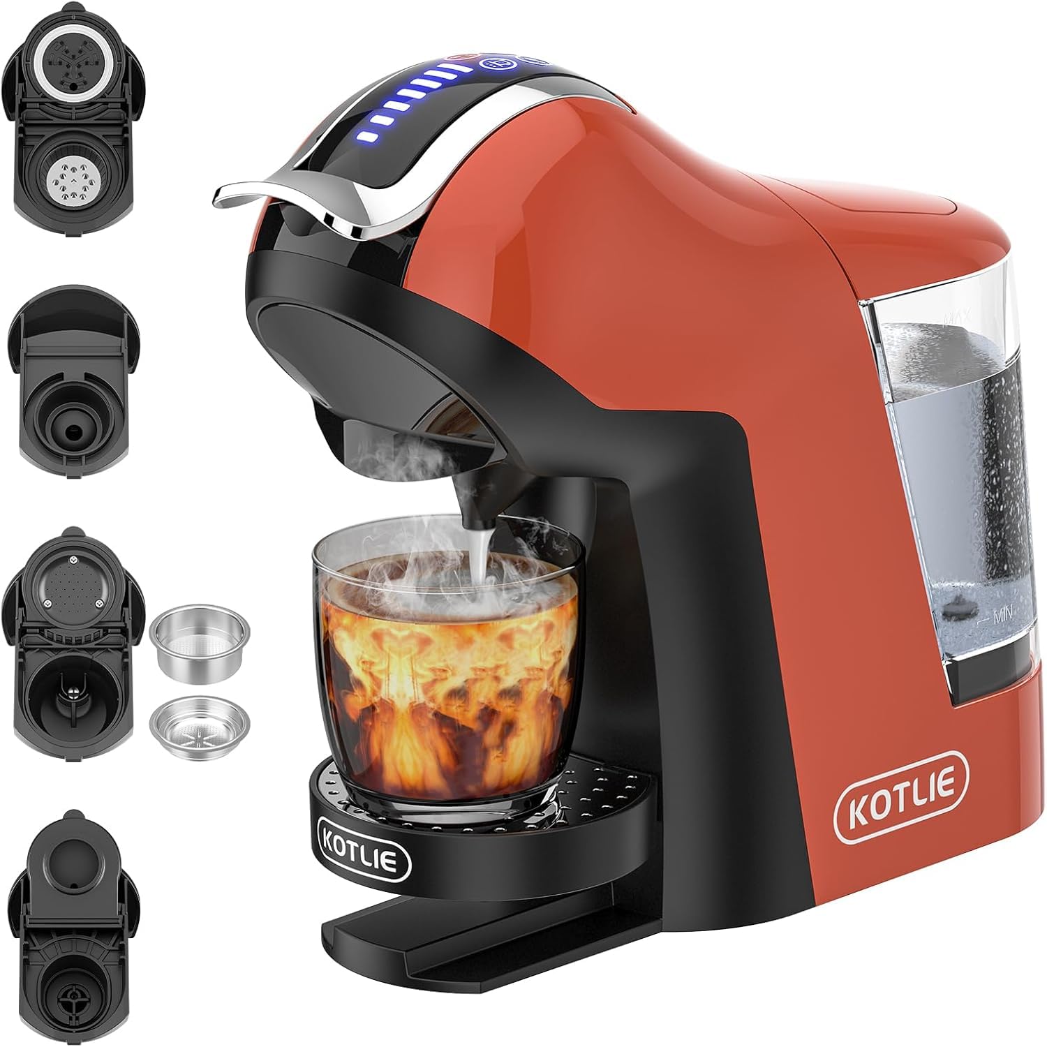 KOTLIE Cafetera de cápsulas, compatible con cápsulas NES/DG/MIO/ESE y café molido, depósito de agua de 1 litro, 3 temperaturas de preparación, 5 en 1, 308B (naranja-rojo)
