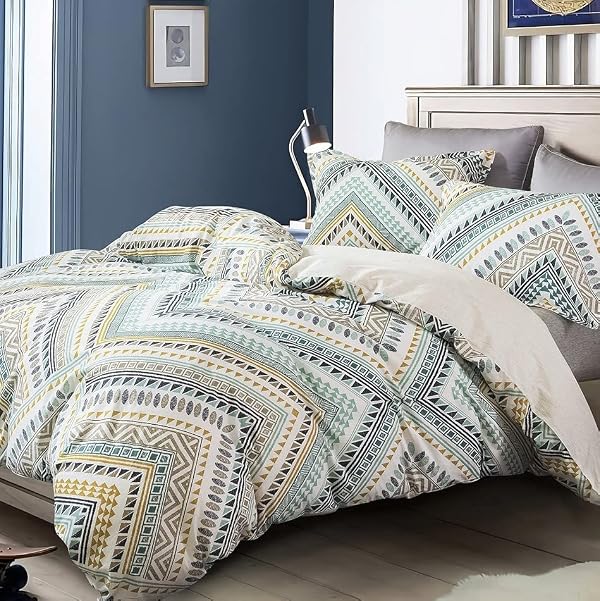 SLEEPBELLA Comforter Queen Size, 600 Thread Count Golden Yellow & Dark Blue Bohemian Pattern Printed on White Reversible Comforter Sets,Down Alternative Bedding Set 3Pcs (Queen, Teal Geometric) by SLEEPBELLA - Used condition - US$50.53