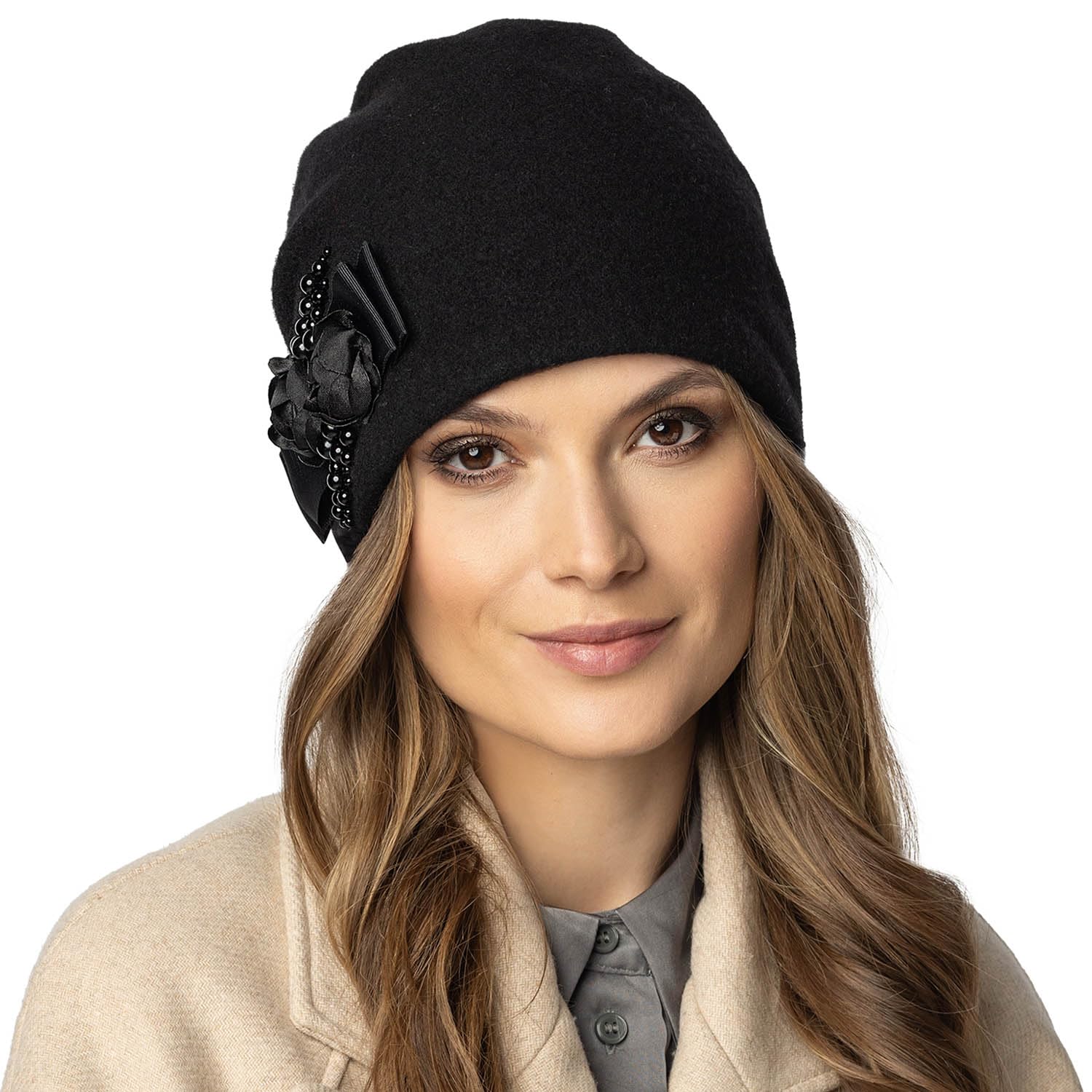 Vivisence Cappello Donna Elegante Fatto A Mano in Alpaca di con Piega Decorativa E Fodera in Pile Applicazione di Rose in Raso E Perle Antistatico Perfetto per l'inverno Idea Regalo