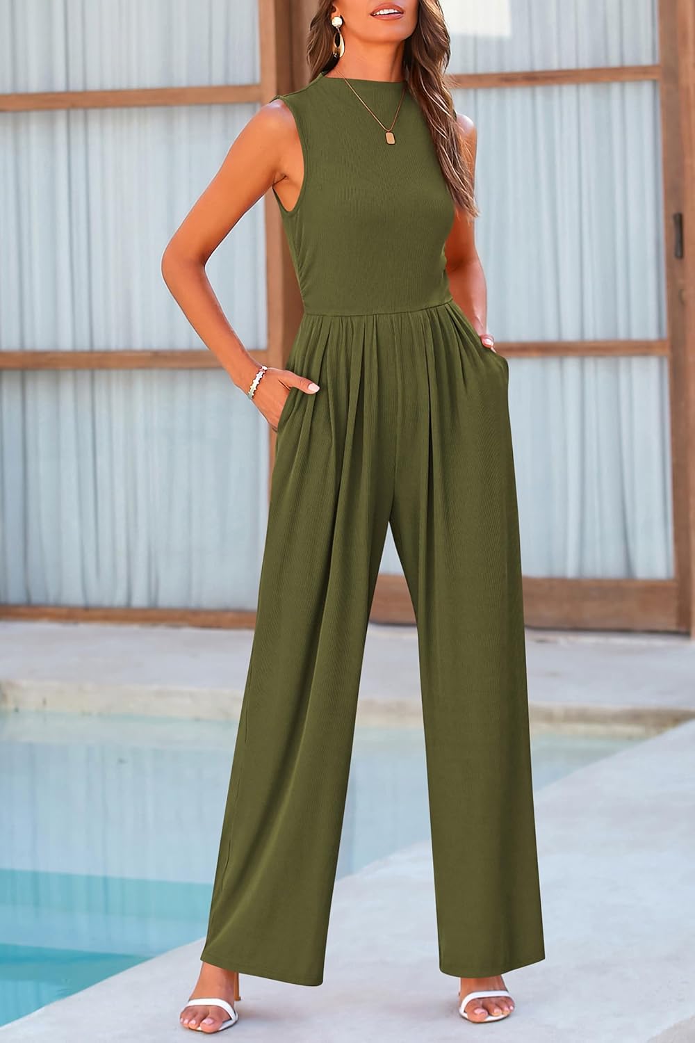 PRETTYGARDEN Womens Summer Jumpsuits Dressy Casual One Piece Outfits Sleeveless Mock Neck Wide Leg Pants Rompers with Pockets - Image 7