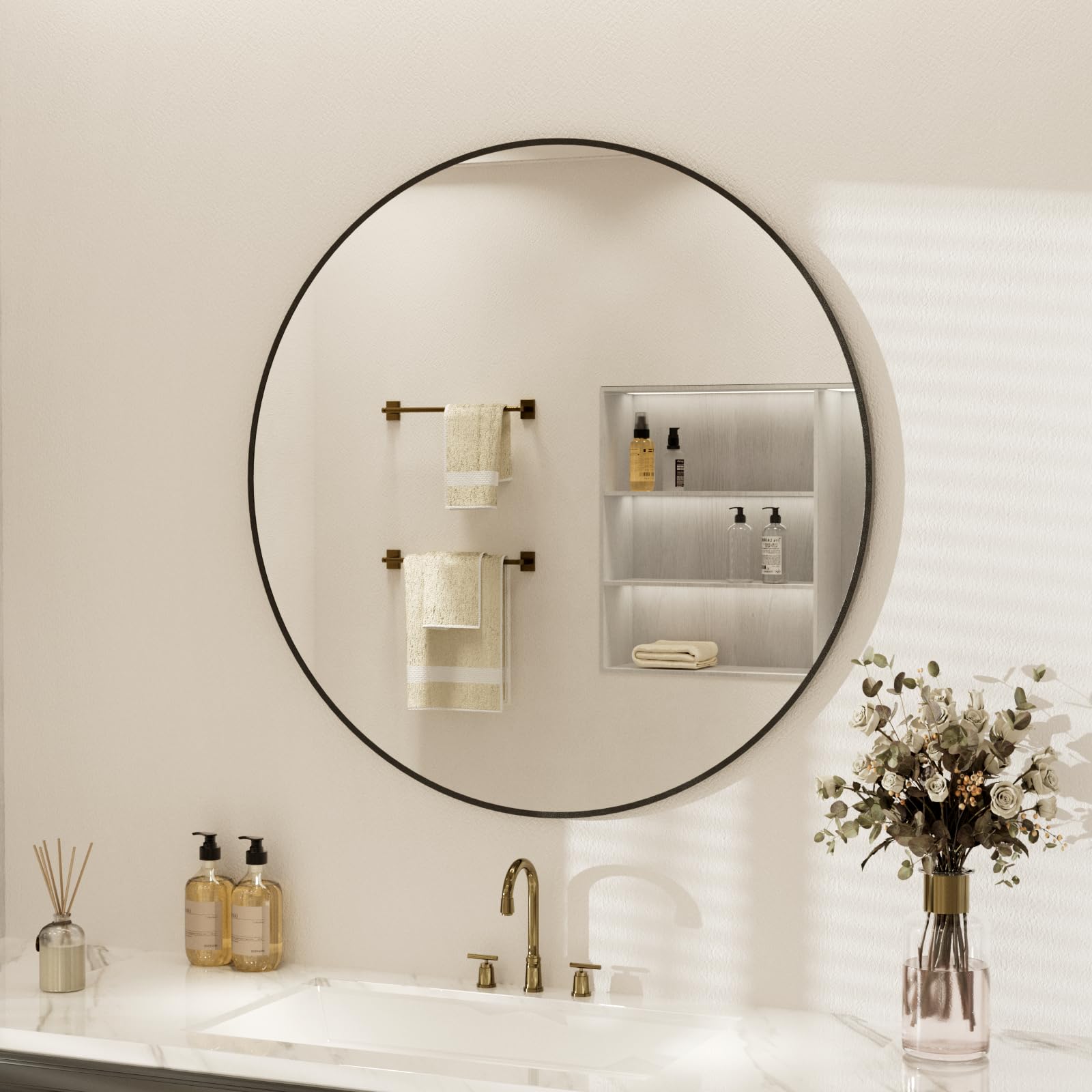 Round Bathroom Mirror 20 inch Black Framed Tempered Glass Circle Wall Mirrors Circular Hanging Wall Mounted Aluminum Alloy