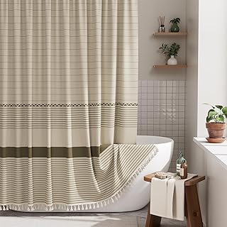 AmazerBath Farmhouse Shower Curtain, Brown Shower Curtain Set with Tasse...