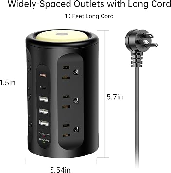 Power Strip with Night Light, Extension Cord with Multiple Outlets (12AC+3A+2C), 10 FT Desk Power Strip Tower Charging Station for Home, Office, College Dorm Essentials