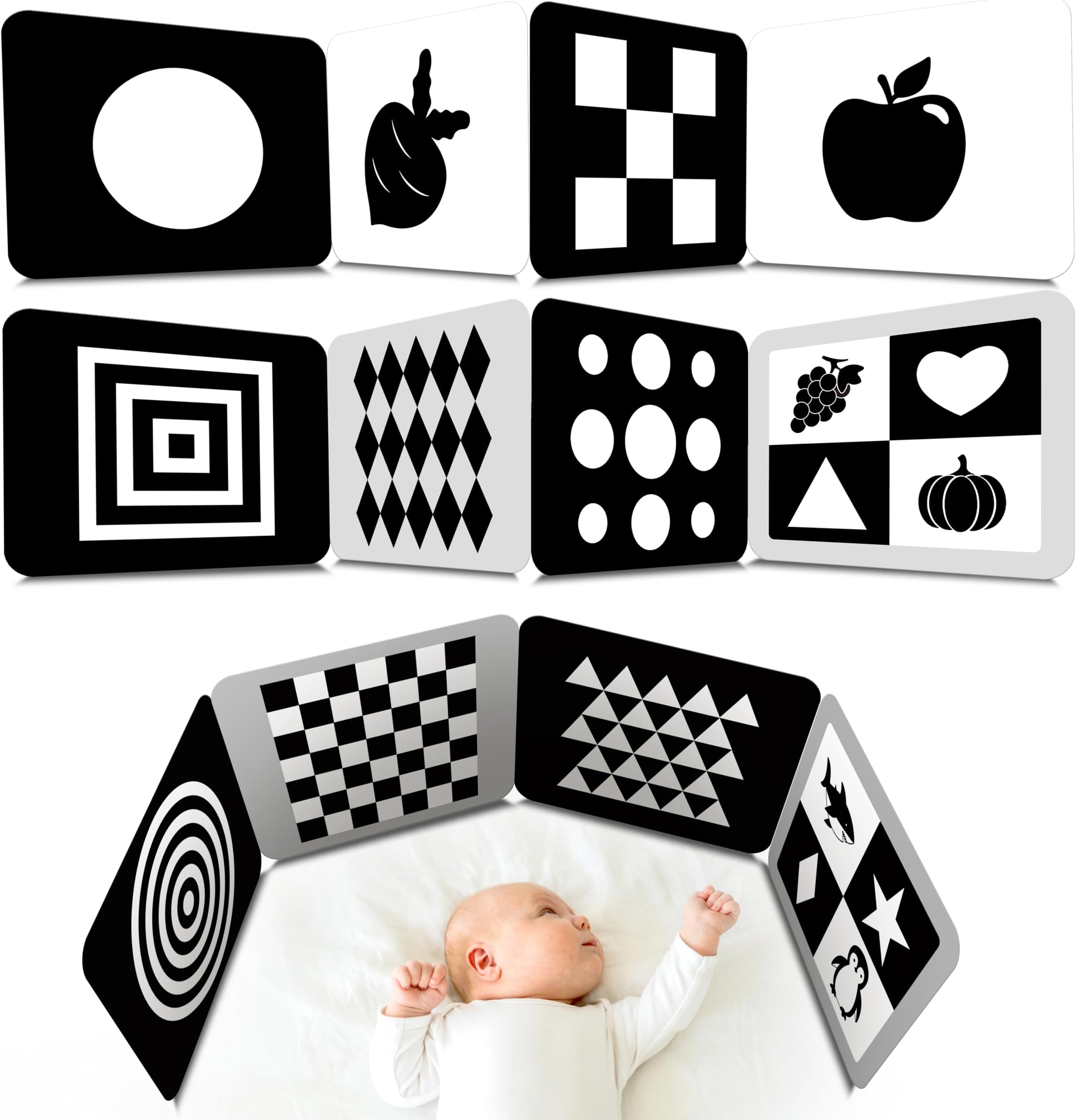 2 PCS Baby Visual Stimulus Cards, Double-sided High Contrast Black and White Flashcards Sensory Developmental Montessori Cards Set for Newborn Boy Girl Baby 0-3 Months Tummy Time (39” X 8”)
