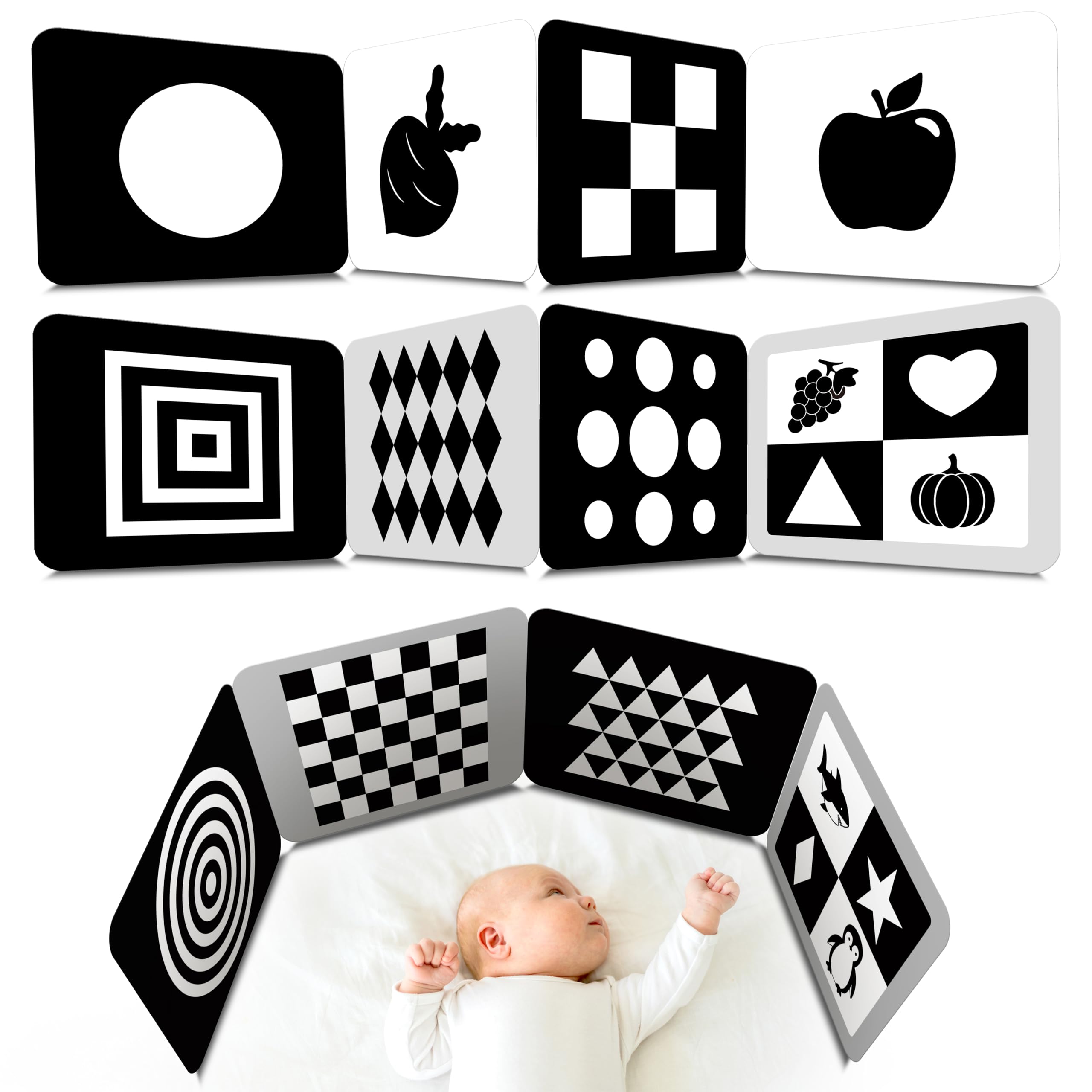 2 PCS Baby Visual Stimulus Cards, Double-sided High Contrast Black and White Flashcards Sensory Developmental Montessori Cards Set for Newborn Boy Girl Baby 0-3 Months Tummy Time (39 X 8)