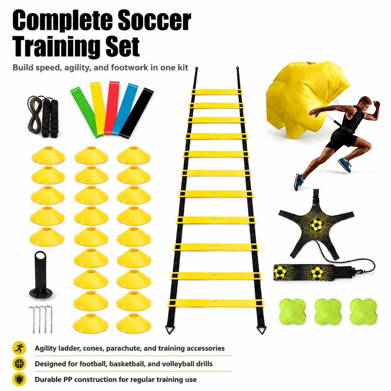 Kit Completo Allenamento Coordinazione Ostacoli Altezza Regolabile Paracadute Resistenza Cintura Lombare Cinesini Piatti Segnaposto Tondi