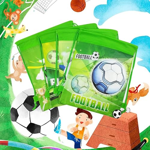 Miniatura 7 de Paquete de 12 bolsas de regalos de fiesta de cumpleaños con cordón de fútbol, bolsa de suministros de fiesta temática deportiva, paquete de regalo