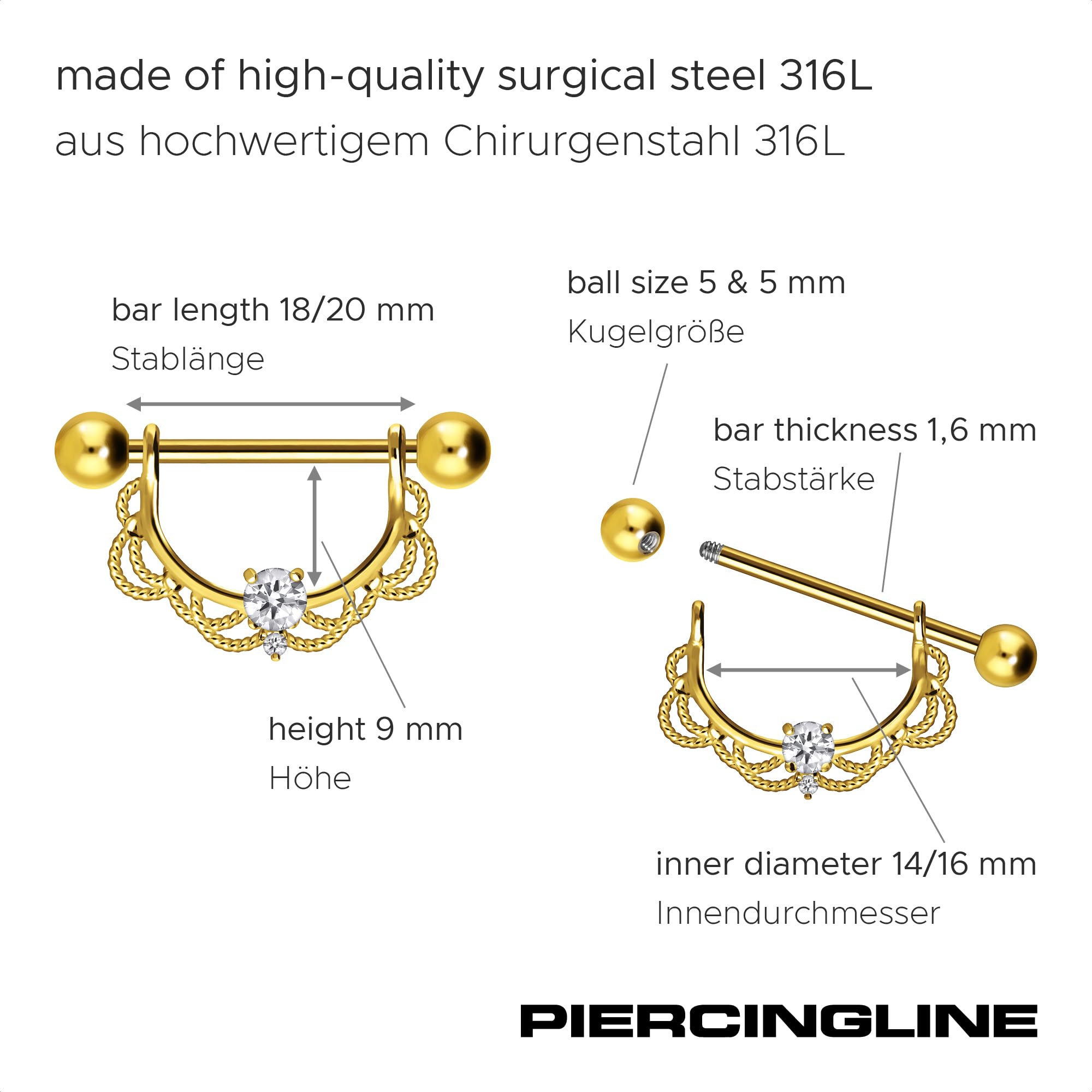 PIERCINGLINE Piercing per capezzolo in acciaio chirurgico, design con cristalli e cristalli, per capezzolo, colore e dimensioni a scelta