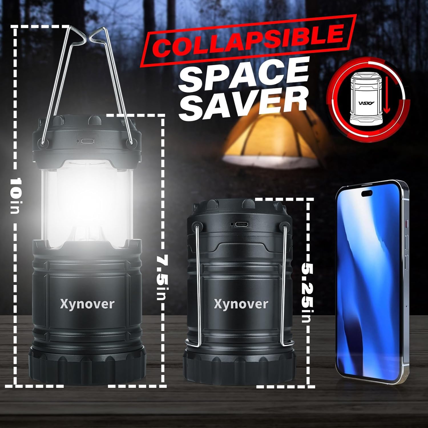 Xynover Paquete de 4 linternas solares para camping, LED recargables con batería USB/solar/AA, base magnética, gancho para colgar, plegable, impermeable para emergencias, senderismo, huracán