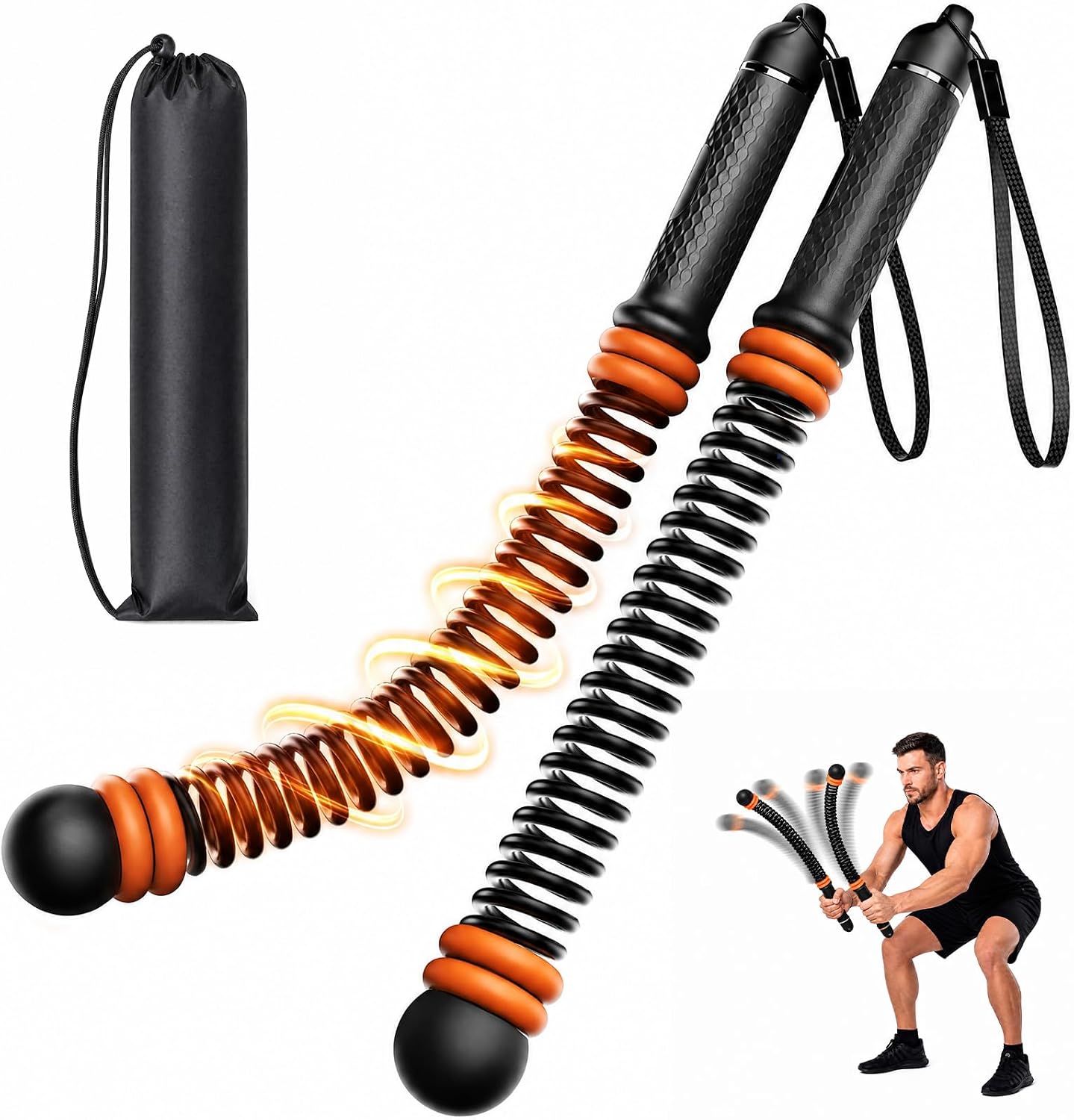 Ropeless Weighted Battle Training Ropes – Adjustable Resistance Cordless Fitness Ropes Equipped with Non-Slip Handles, Black