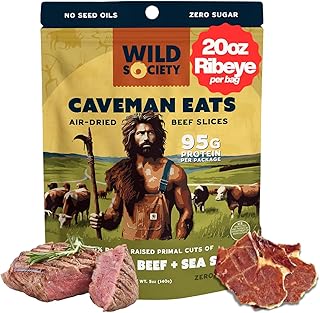 Wild Society - Caveman Eats - Grass Fed Ribeye Steak Slices - 95g Protein - Only Steak & Salt - 2 Ingredients - Air dried Beef Jerky Carnivore Snacks Crisps - Sugar Free, Gluten Free, Keto, Paleo (5oz)