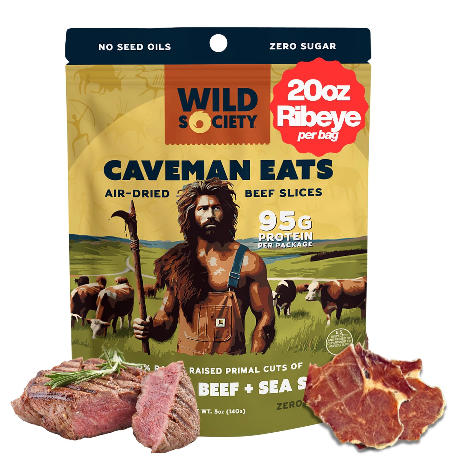 Wild Society Caveman Eats Grass Fed Ribeye Steak Crisps - 95g Protein, Steak & Salt Only, Sugar Free Keto Carnivore Snacks (5oz)