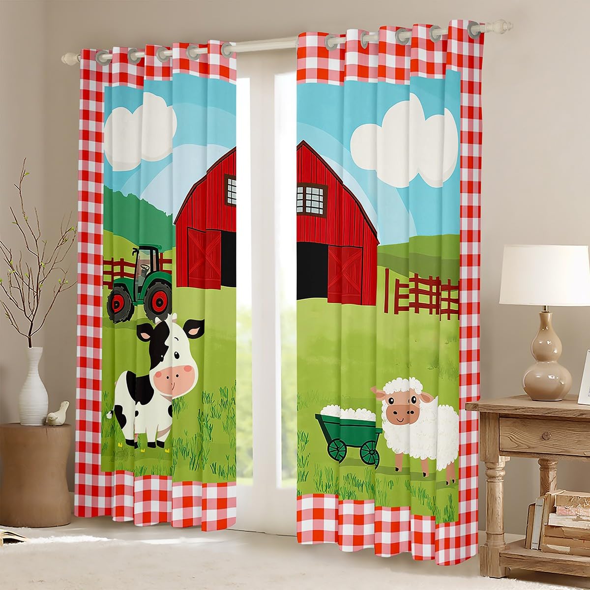 Farmhouse Theme Window Curtains,Sheep and Cow Curtain,Farm Life Window Drapes for Kids Teens Boys Young Man,Modern Bedroom Decorative,House and Truck Curtain,38Wx45L