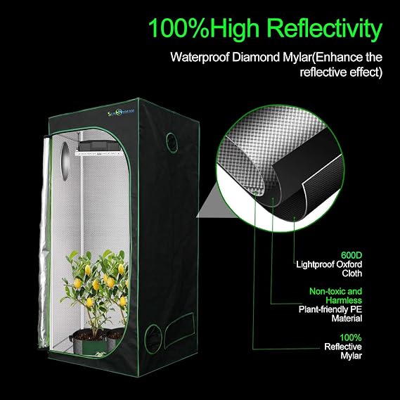 SunStream Grow Tent 80x80x160cm 600D Oxford Cloth High Reflective Mylar Lightproof Waterproof Hydroponic Grow Tents for Indoor Plants (80x80x160cm)