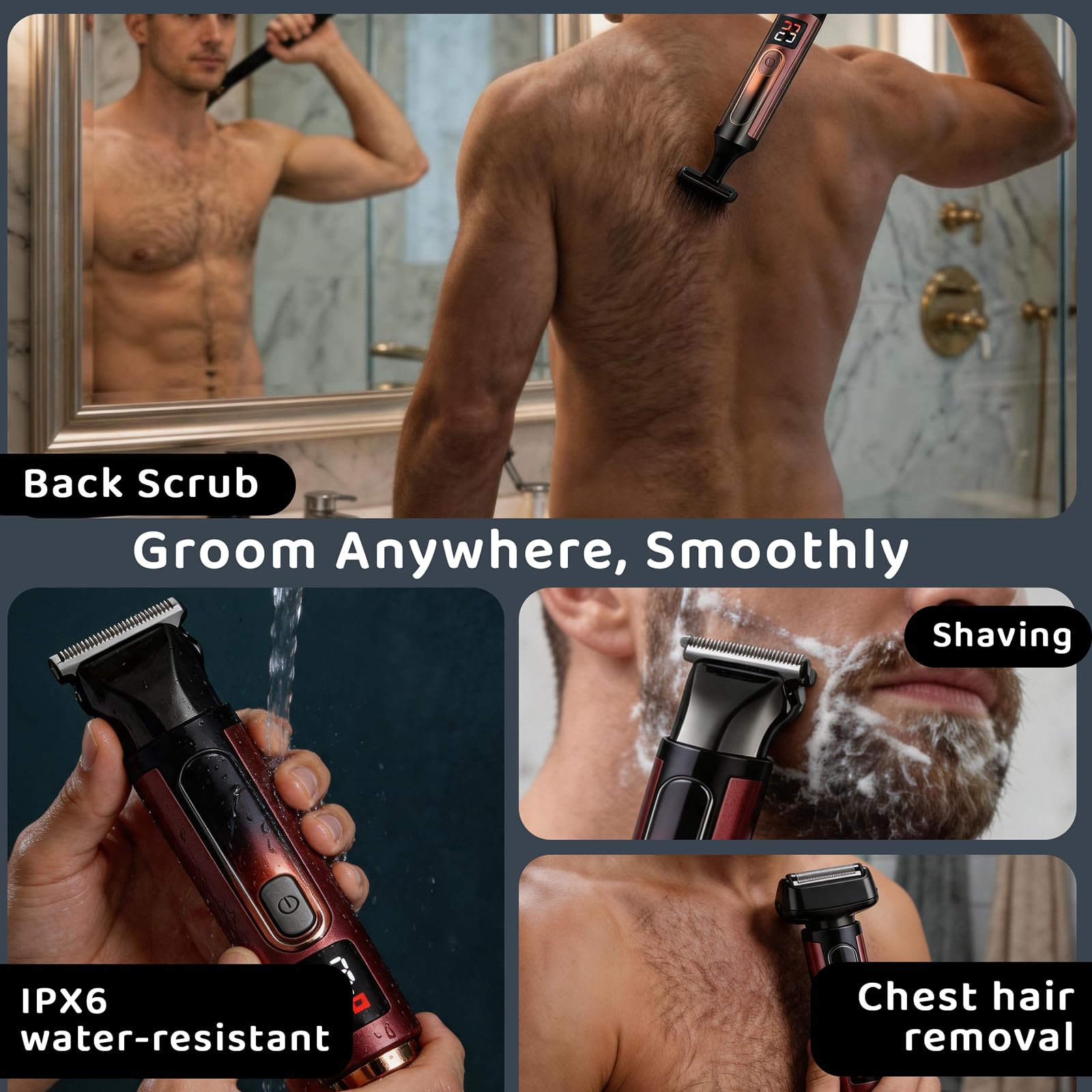 Rasoio per la schiena da uomo, kit elettrico per la toelettatura del corpo con manico di estensione regolabile, set di trimmer 4 in 1 (corpo, viso, naso, capelli), impermeabile IPX6, display a LED e