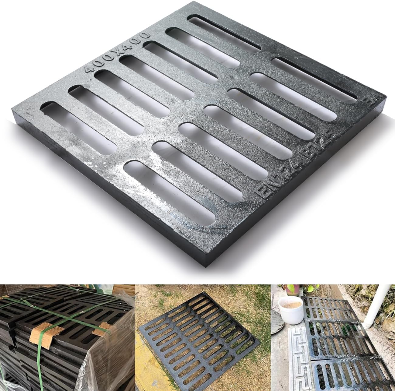 Cast Iron Drain Grate, 20 * 20in Outdoor Drain Cover, B125 Class Ductile Iron Channel Drainage Grates, Heavy Duty Sewer Grate,Black Square Drain Grate for Yard,Driveway,Concrete Floor.