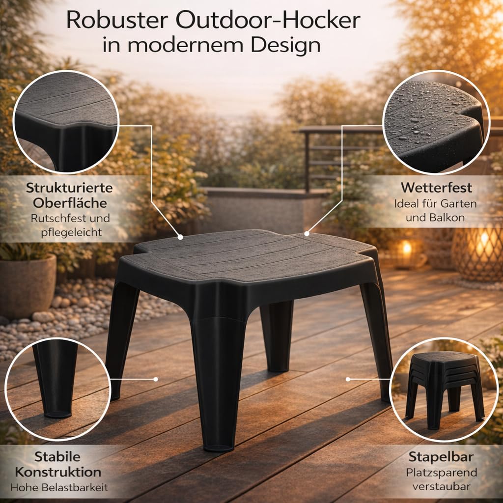 Gartenhocker Kunststoff Anthrazit – 4-in-1 Beistelltisch, Sitzhocker & Fußhocker, leicht & stapelbar, wetterfest für Garten, Balkon & Camping (4)