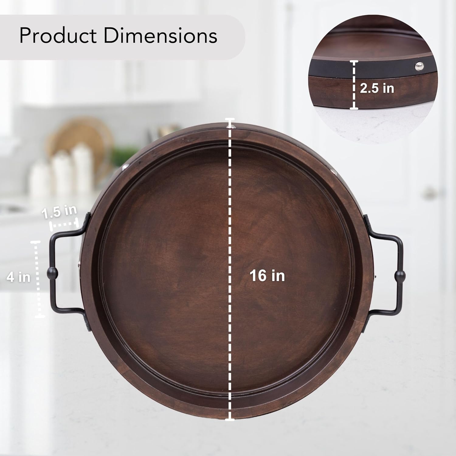 16" Large Round Ottoman Tray, Heavy Duty Mango Wood, for Serving Tea, Breakfast in Bed, Living Room Large Coffee Table Tray Rustic with Farmhouse Style, Decorative Handles and Accent Strap - Image 2