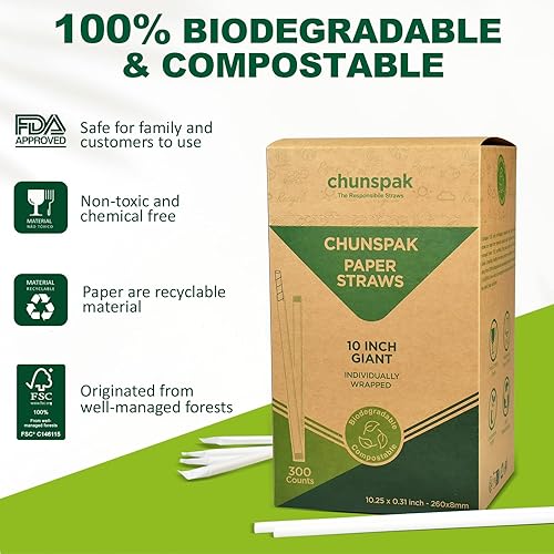 Miniatura 6 de Chunspak Pajitas de papel desechables gigantes de 10.25 pulgadas de largo envueltas individualmente (blanco, 300 unidades)  Papel resistente de 4