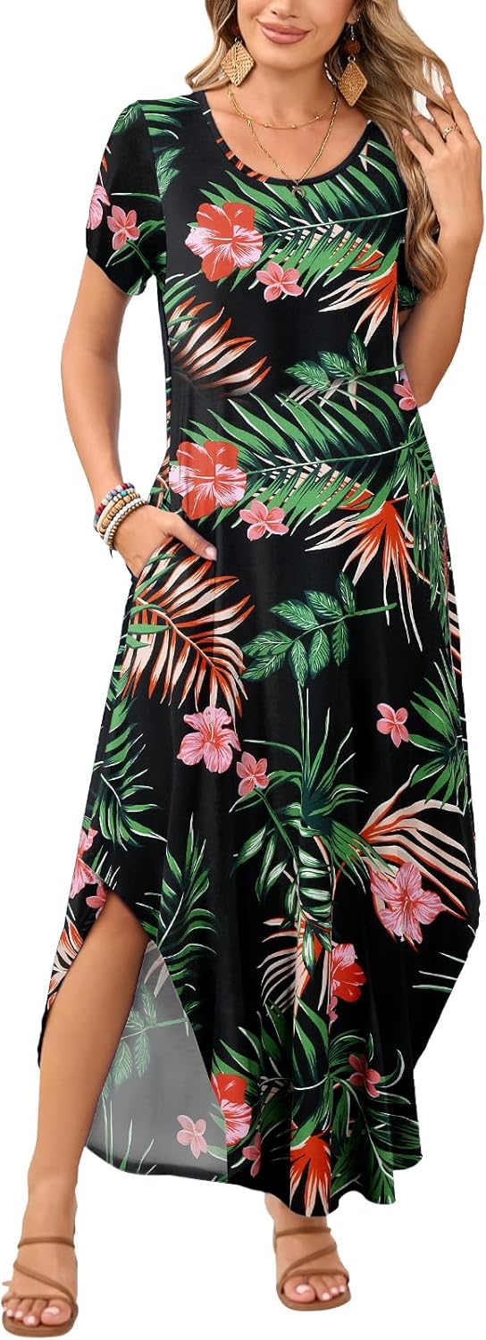 JollieLovin Womens Plus Size Casual Summer Maxi Long Dress Short Sleeve T-Shirt Loose Sun Dress(L-5X)