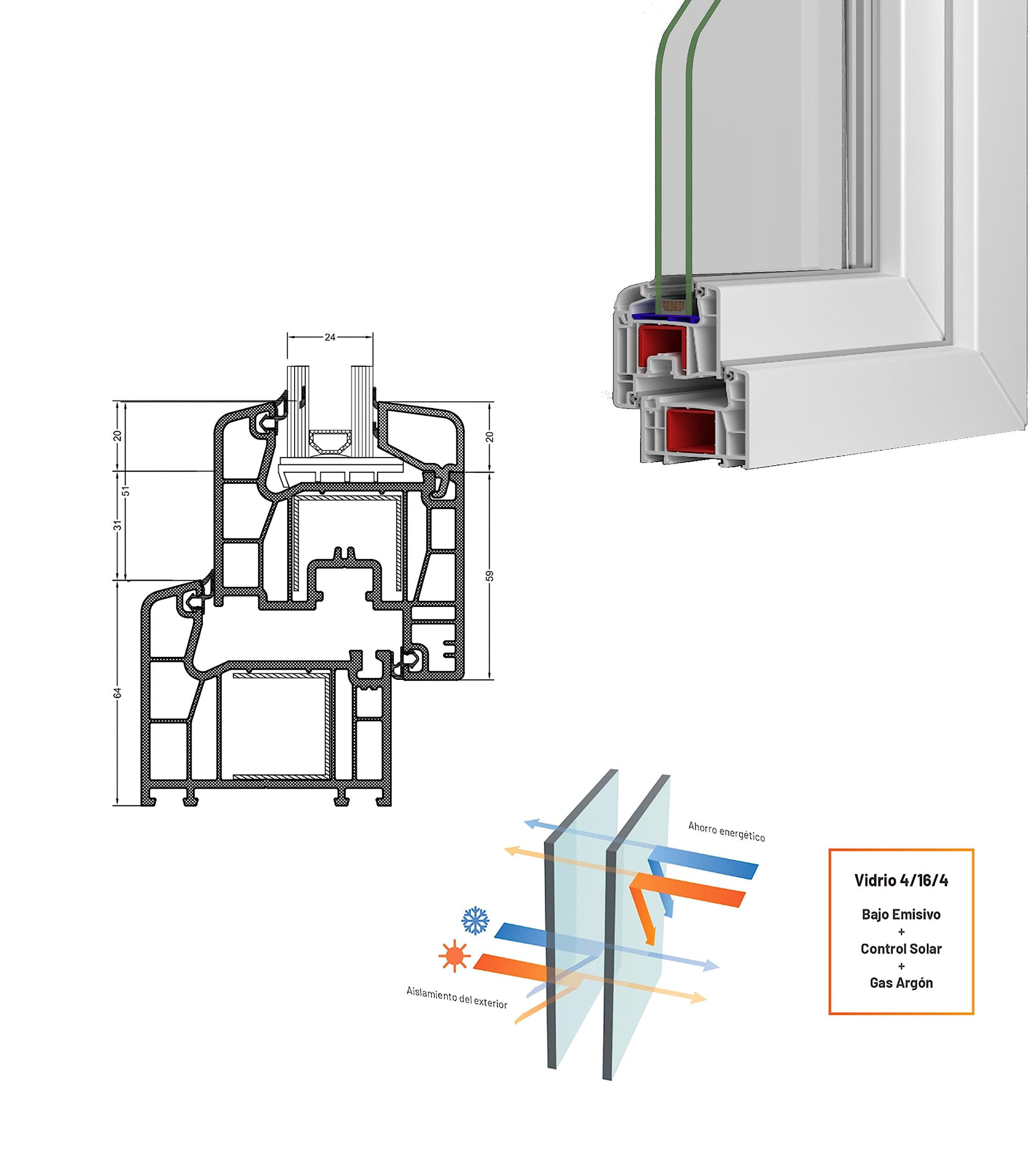 Ventanastock PVC 600x600 Practicable Oscilobatiente Derecha 1 hoja con vidrio Carglass (Climalit Mate)