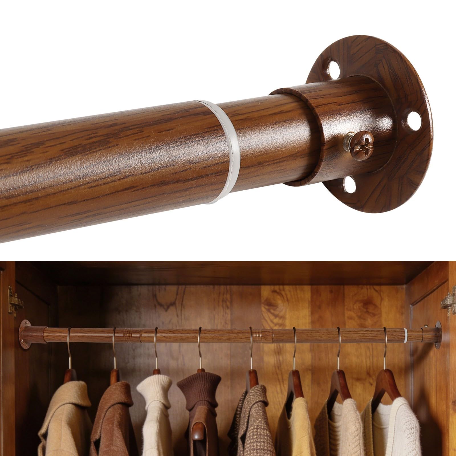 KINGSOW Extendable Wardrobe Rail and Fittings: 64.5-130cm Dark Wood Grain Finish 25mm Heavy Duty Stainless Steel Clothes Hanging Rail 25kg Load Capacity for Bedroom Closet Laundry Room — image 1