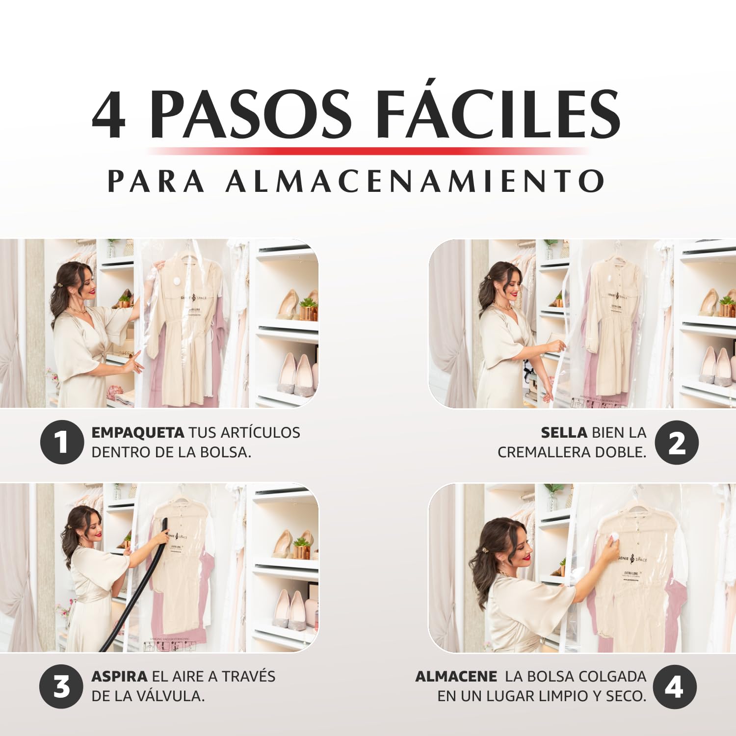 GENIE SPACE Bolsas de Vacío Colgantes para Abrigos, Trajes y Vestidos – Herméticas, Reutilizables y Sin Olor – Cierre Doble – Paquete Surtido 5 (2 Extra Largas + 3 Regulares) con Bomba de Viaje