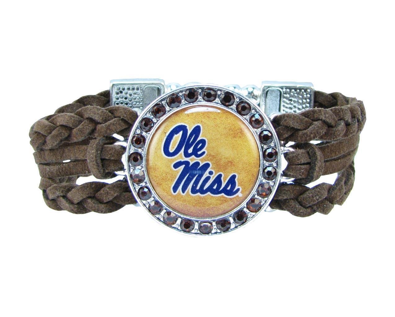 Ole Miss Braided Brown Leather Crystal Bracelet Jewelry Red