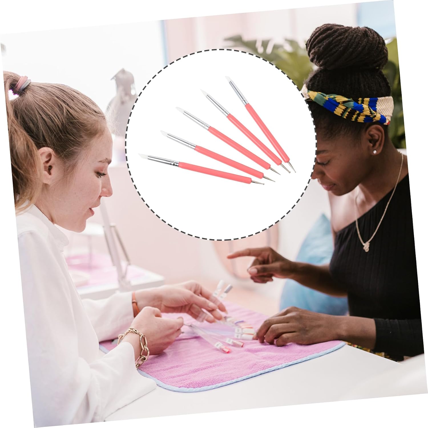 5 Pcs Nail Art Dotting Pens Dual-ended Silicone Manicure Brushes Pink Set for Home and Salon Nail Gel Design Tools