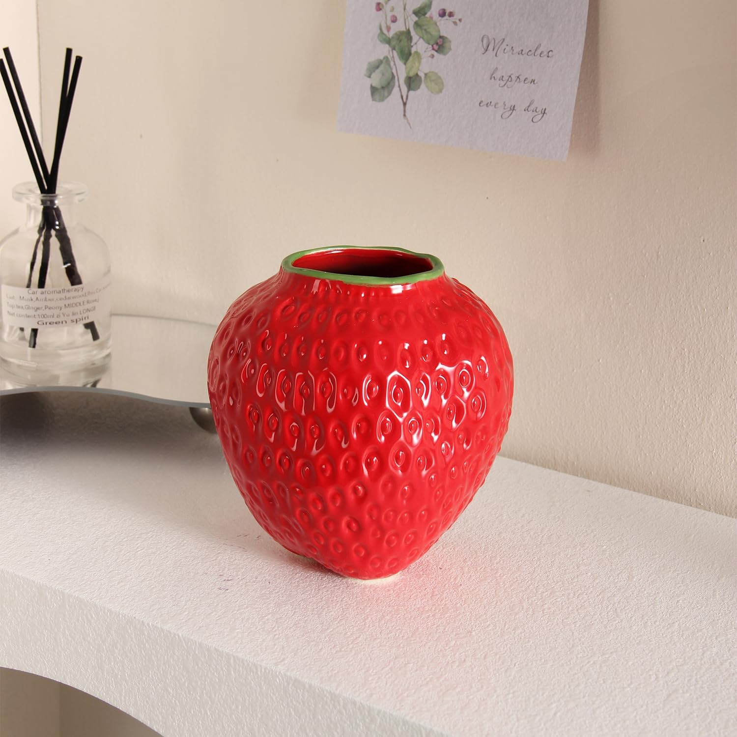 Strawberry Ceramic Flower Vase, Mini Decorative Cute Fruit Ornament Vase for Flower Arrangement, Unique for Modern Vintage Home Kitchen Office Decor Centerpiece, Small Red
