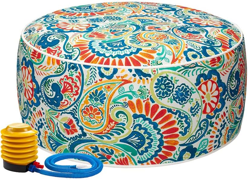 Magpie Fabrics Inflatable Stool Ottoman Pouf D20 xH9, Outdoor Round Footrest Footstool with Foot Pump, Portable for Patio Garden Travel Camping - Paisley Multi