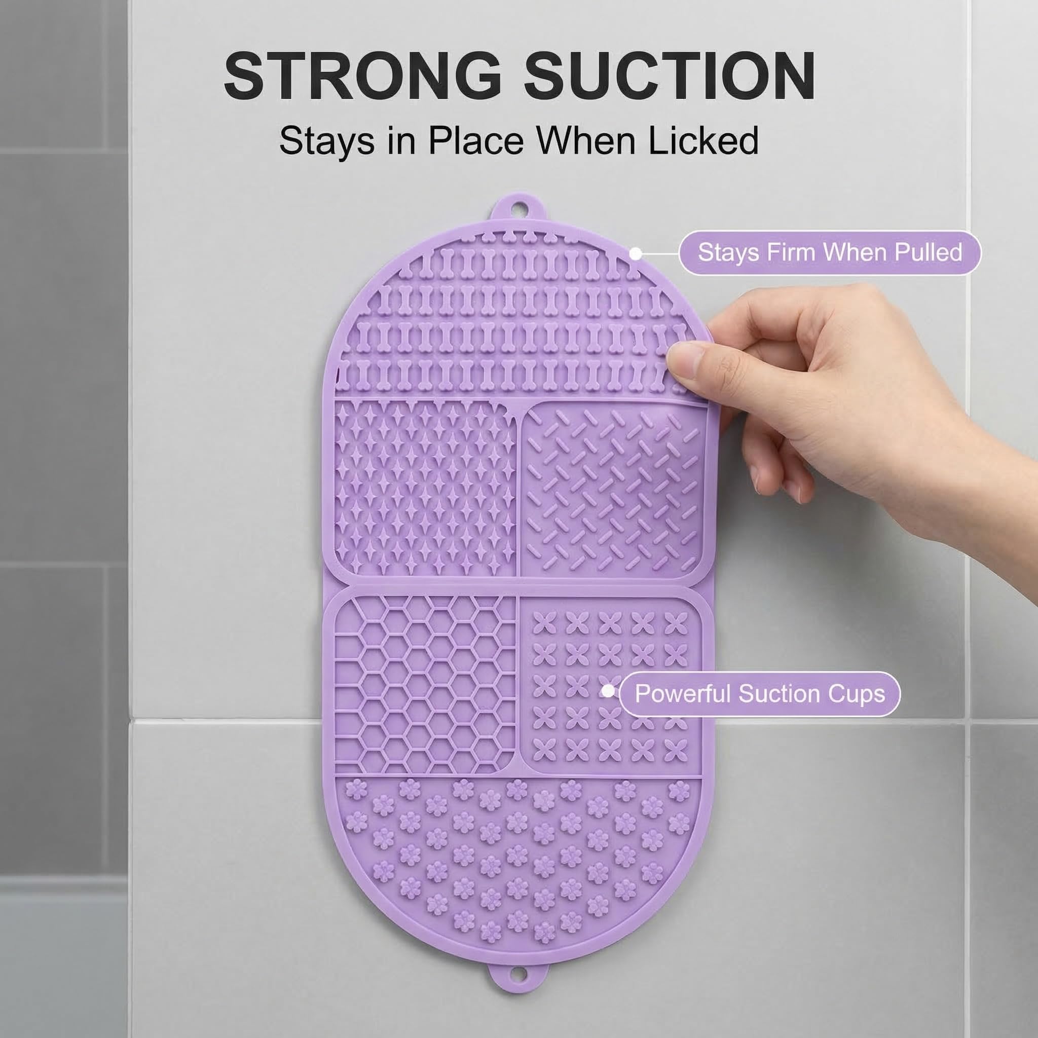 Tappetino pieghevole per leccare cani, 142 ventose in silicone, con 6 zone strutturate, tappetino per alleviare l'ansia, per la toelettatura del bagno, senza BPA, per cani e gatti (viola, 44