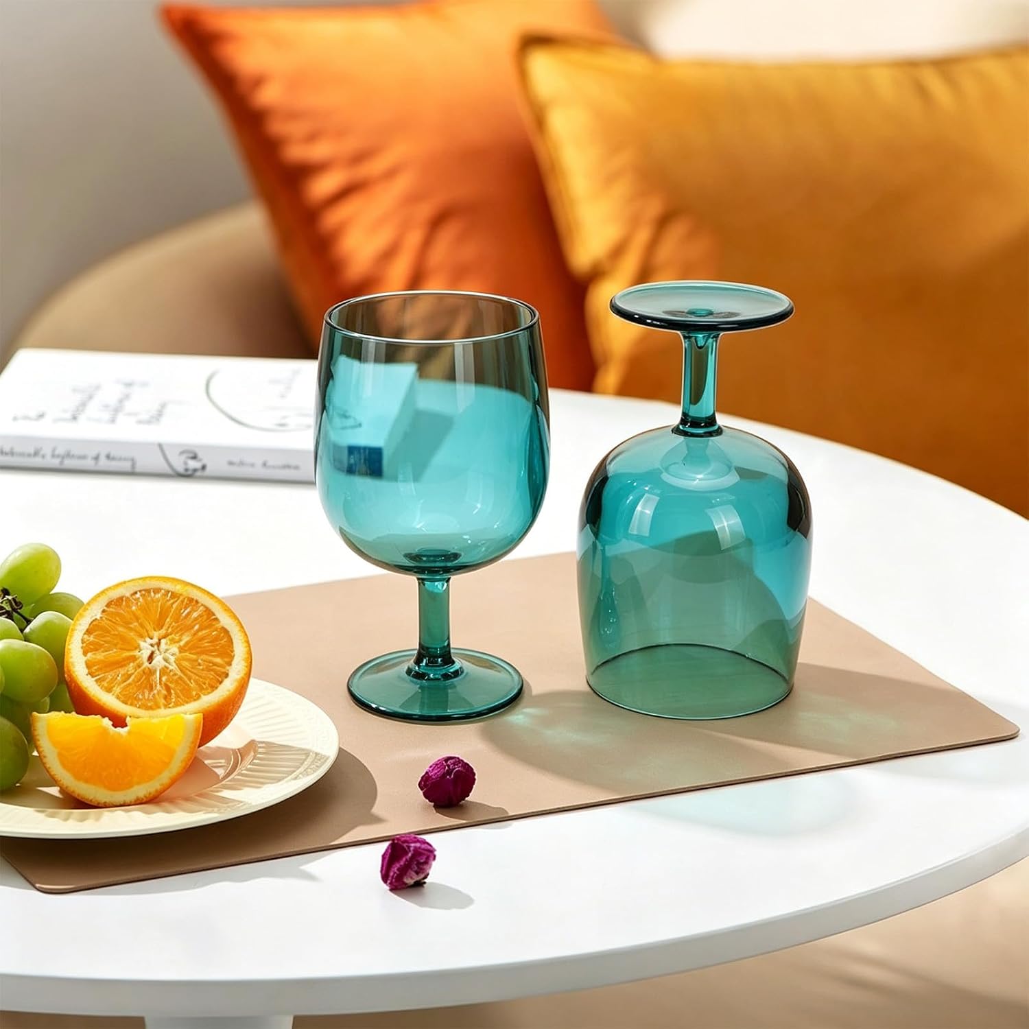 Set of 6 Plastic Goblet Wine Cup,12oz Stemmed Glasses Acrylic Wine Tumbler for Home Party,BPA Free and Unbreakable (Teal color)
