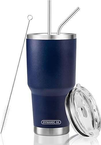 Vaso de acero inoxidable de 30 onzas con aislamiento al vacío de doble pared con popote y tapa, cepillo de limpieza para bebidas frías y calientes